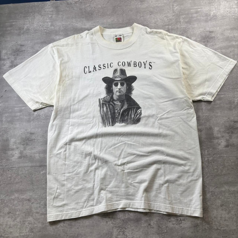 Fruit of the Loom Graphic Tee Mens XL White John Lennon Classic Cowboys Cadillac